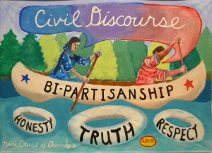 This beautiful banner was created by ARRT! (Artists’ Rapid Response Team) for MCC to use in our efforts this year to promote civil discourse. 